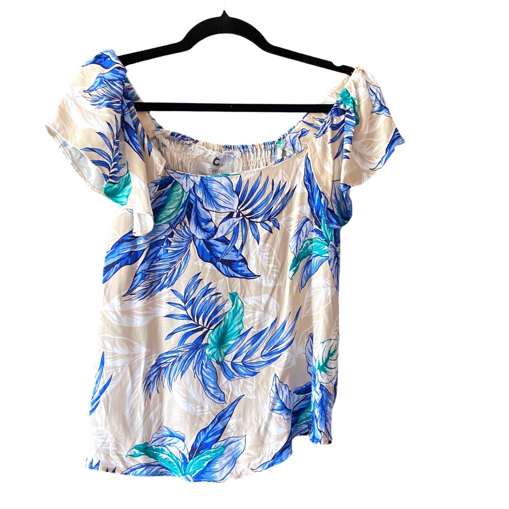 Cupio‎ Floral Print Top Smocked Off Shoulder Blouse Blue Green Size S NWT